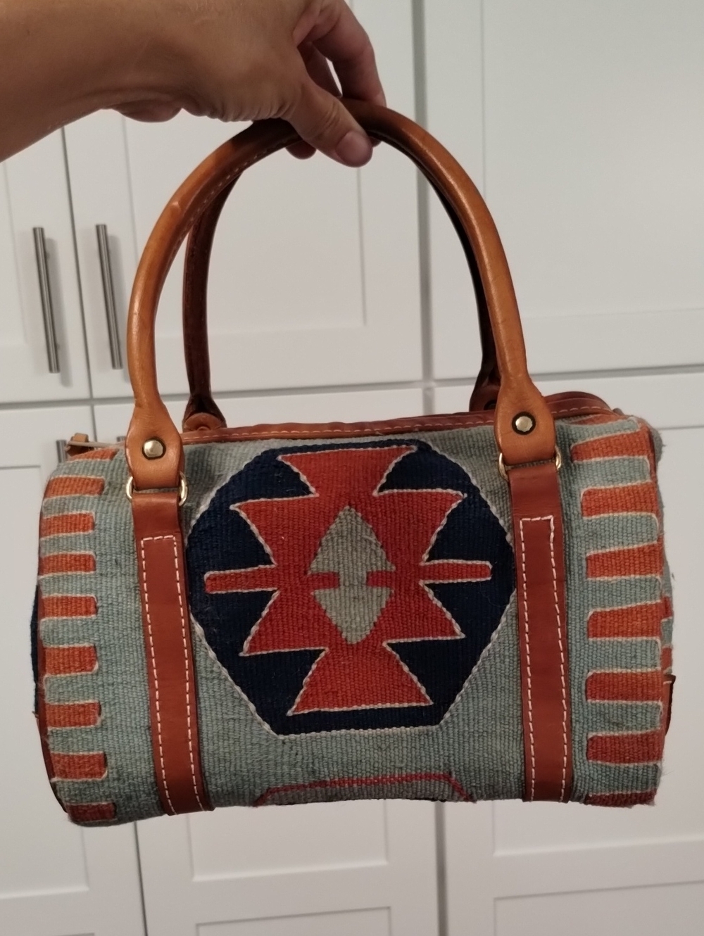 T. Cappelli Vintage Western Pattern Satchel Bag - Tan & Navy